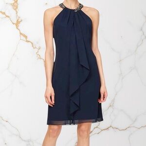 SLNY Navy Dress with Jewel Neckline